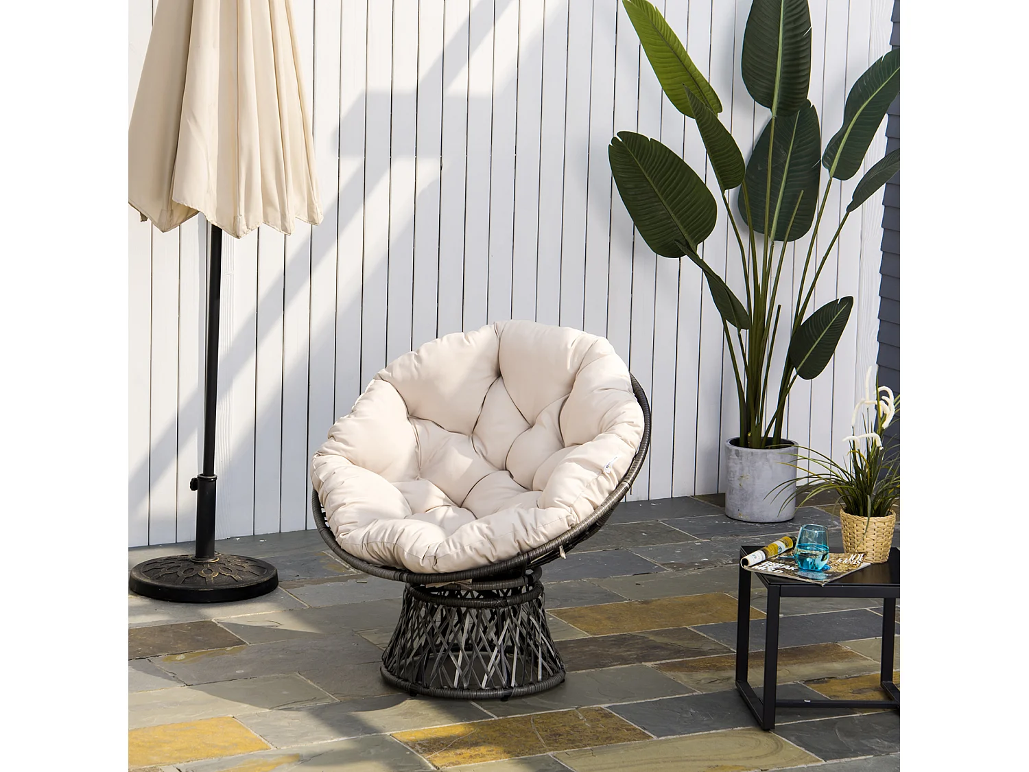 Fauteuil rond de jardin fauteuil papasan pivotant grand confort Ø 97 x 90H cm grand coussin fourni polyester résine tressée crème