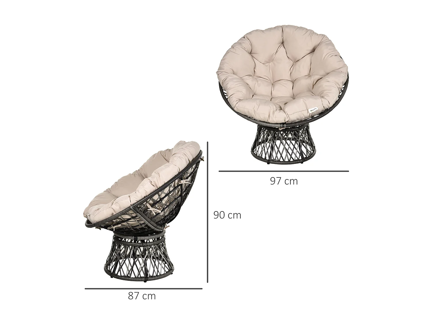 Fauteuil rond de jardin fauteuil papasan pivotant grand confort Ø 97 x 90H cm grand coussin fourni polyester résine tressée crème