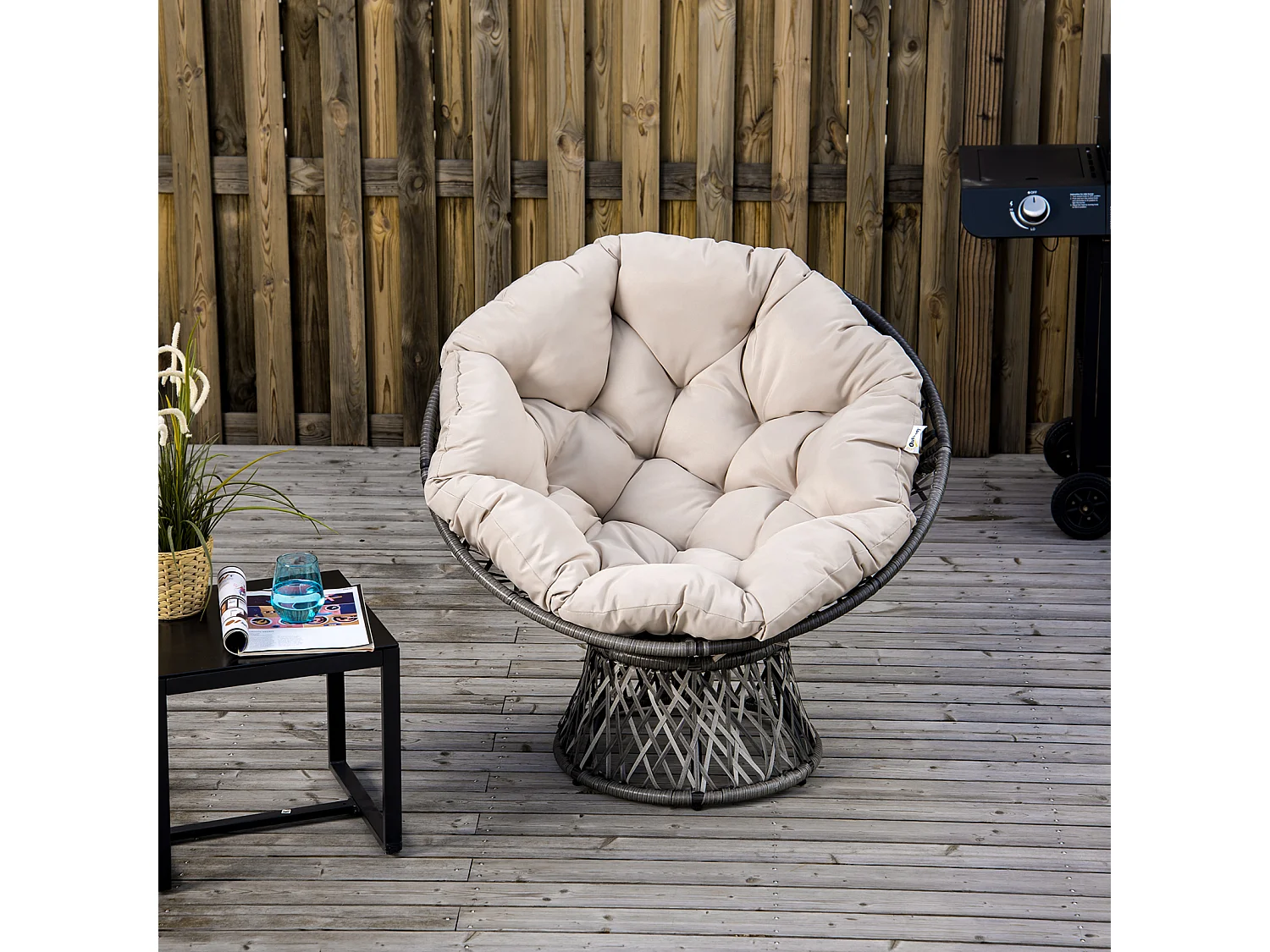 Fauteuil rond de jardin fauteuil papasan pivotant grand confort Ø 97 x 90H cm grand coussin fourni polyester résine tressée crème