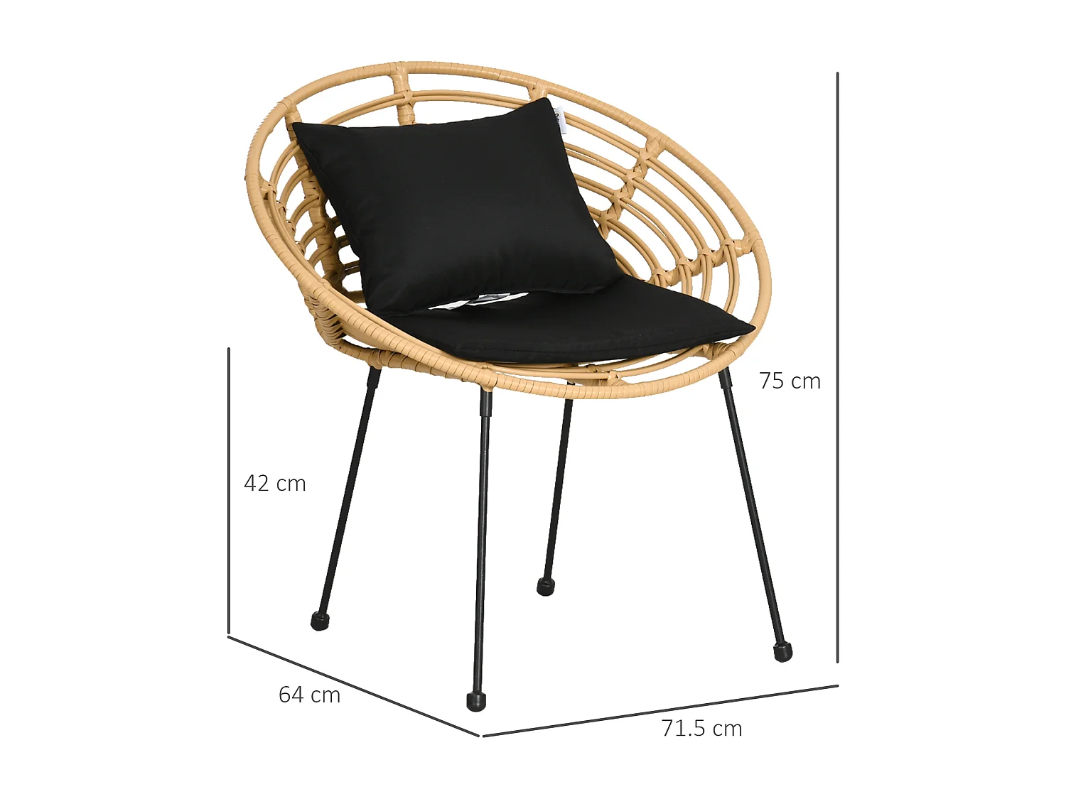 Lot de 2 chaises de jardin style colonial coussins noirs inclus résine tressée et filaire aspect rotin