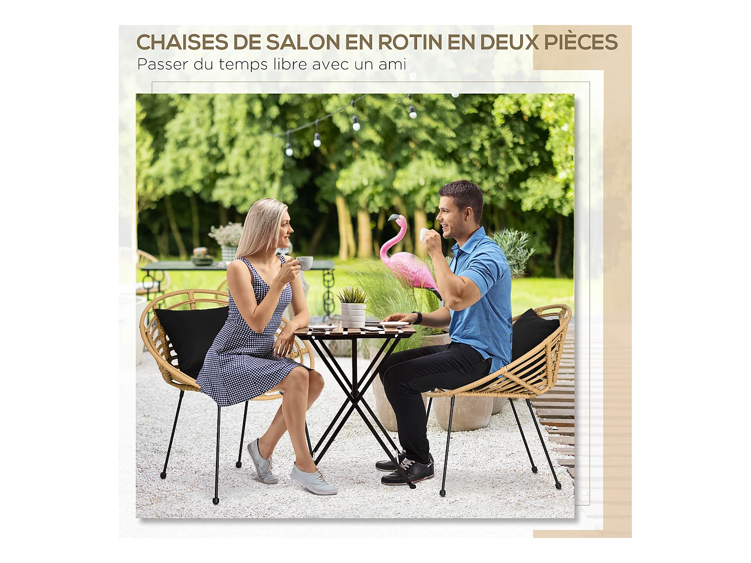 Lot de 2 chaises de jardin style colonial coussins noirs inclus résine tressée et filaire aspect rotin