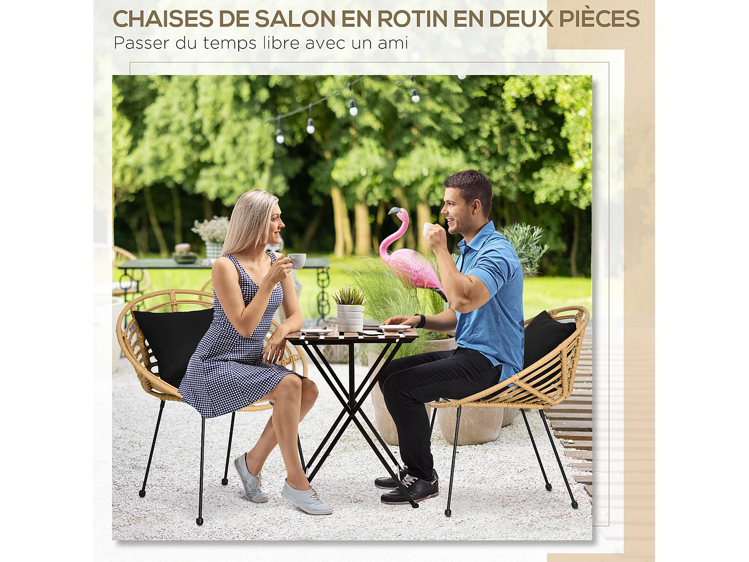 Lot de 2 chaises de jardin style colonial coussins noirs inclus résine tressée et filaire aspect rotin