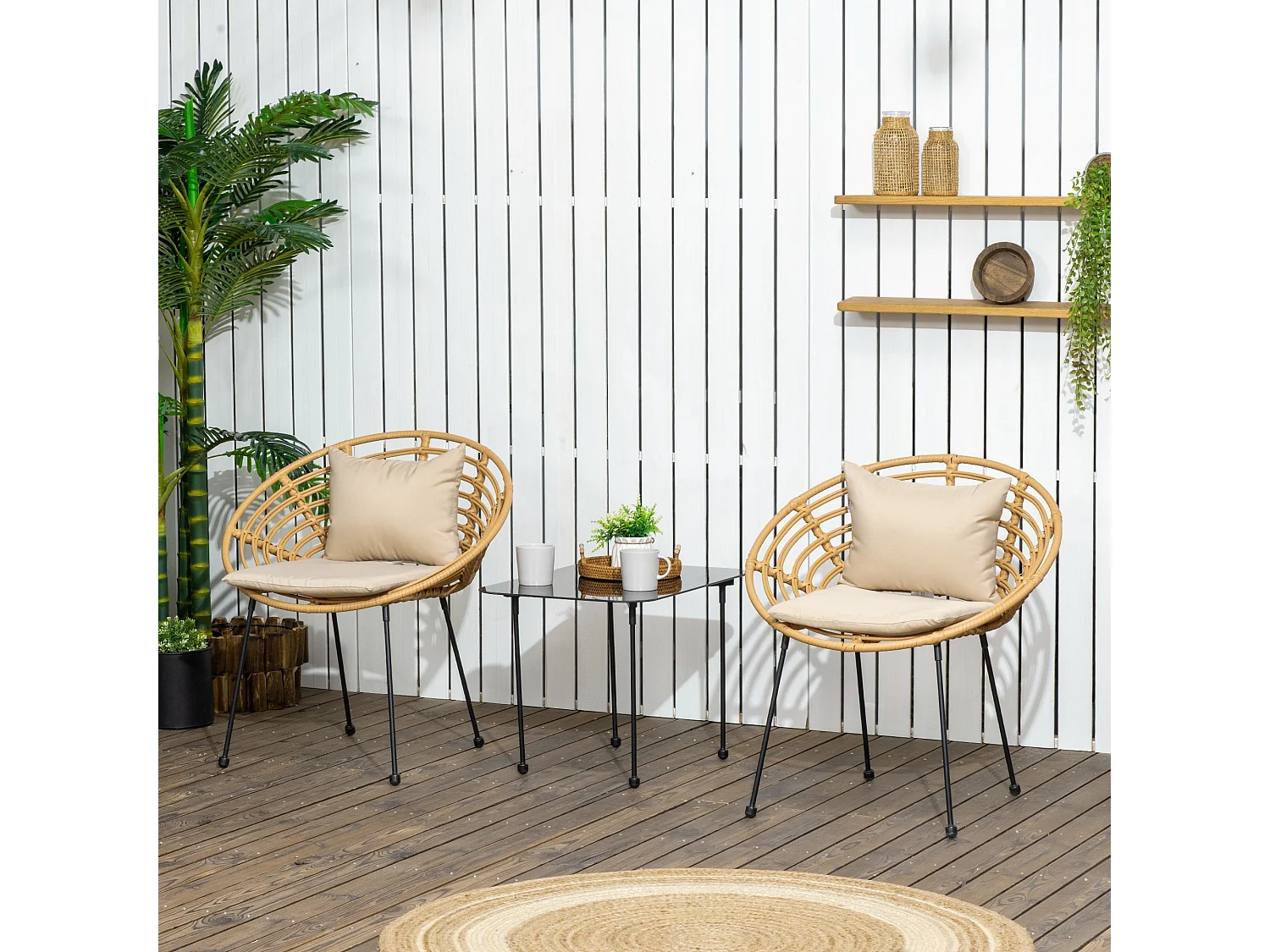 Lot de 2 chaises de jardin style colonial coussins beige inclus résine tressée et filaire aspect rotin