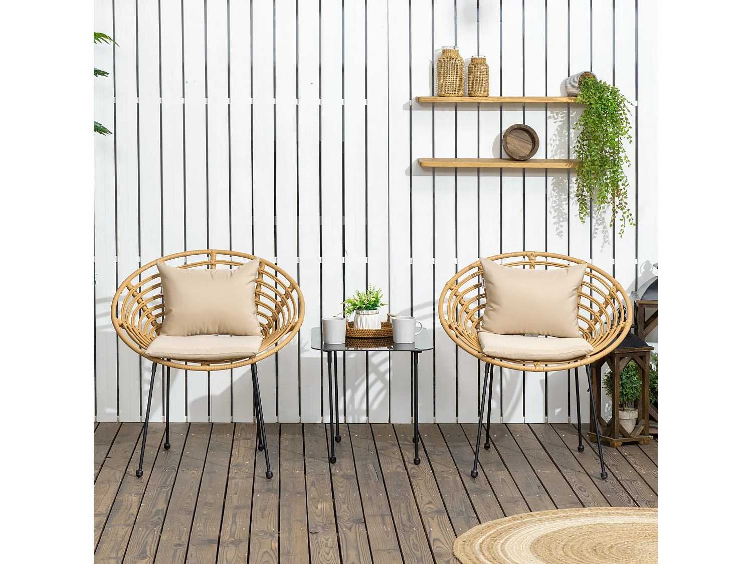 Lot de 2 chaises de jardin style colonial coussins beige inclus résine tressée et filaire aspect rotin