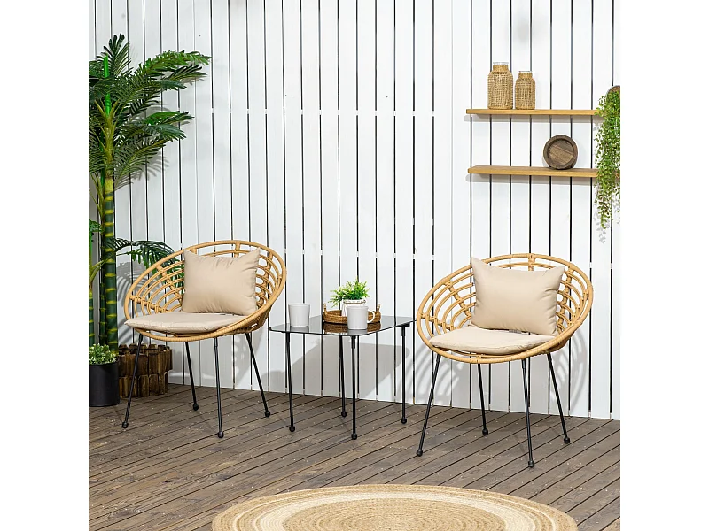 Lot de 2 chaises de jardin style colonial coussins beige inclus résine tressée et filaire aspect rotin