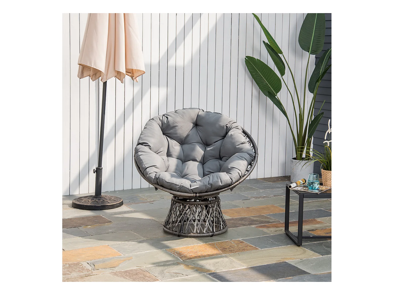 Fauteuil rond de jardin fauteuil papasan pivotant grand confort Ø 97 x 86H cm grand coussin fourni polyester résine tressée gris