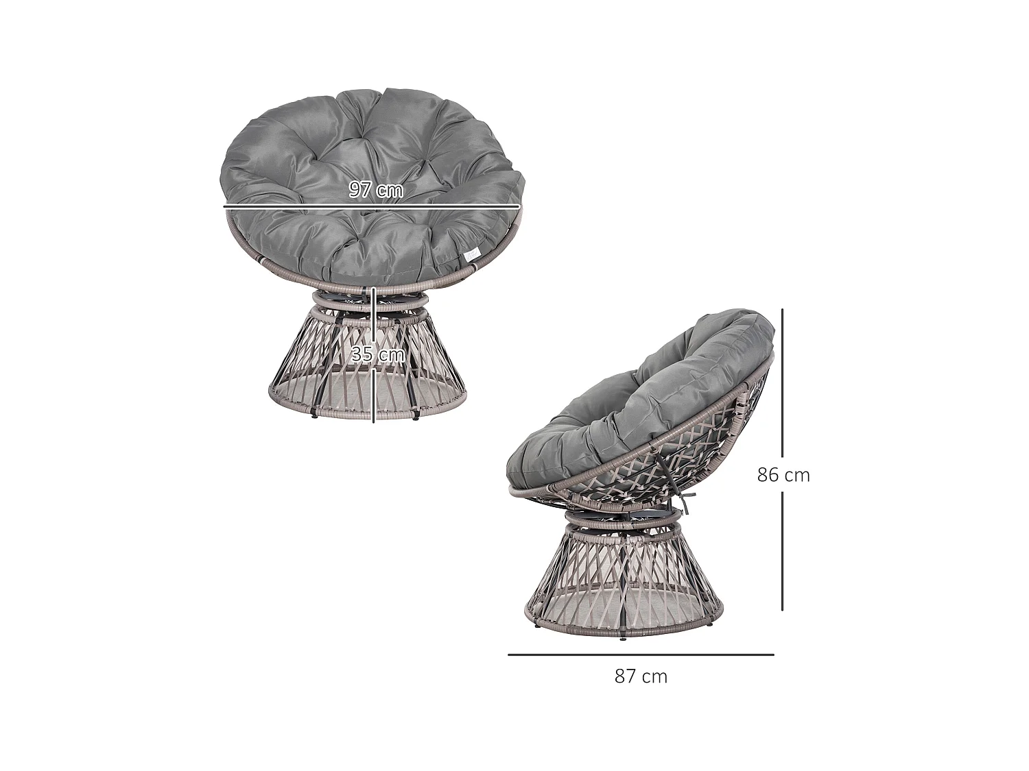 Fauteuil rond de jardin fauteuil papasan pivotant grand confort Ø 97 x 86H cm grand coussin fourni polyester résine tressée gris