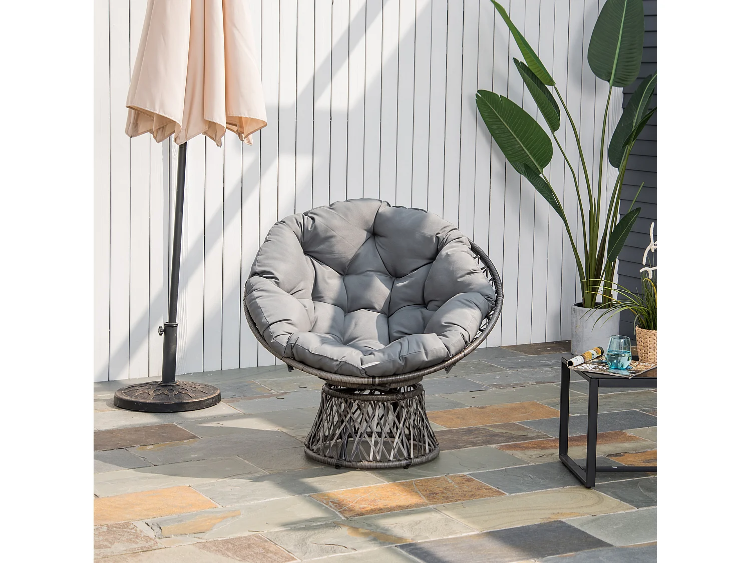 Fauteuil rond de jardin fauteuil papasan pivotant grand confort Ø 97 x 86H cm grand coussin fourni polyester résine tressée gris