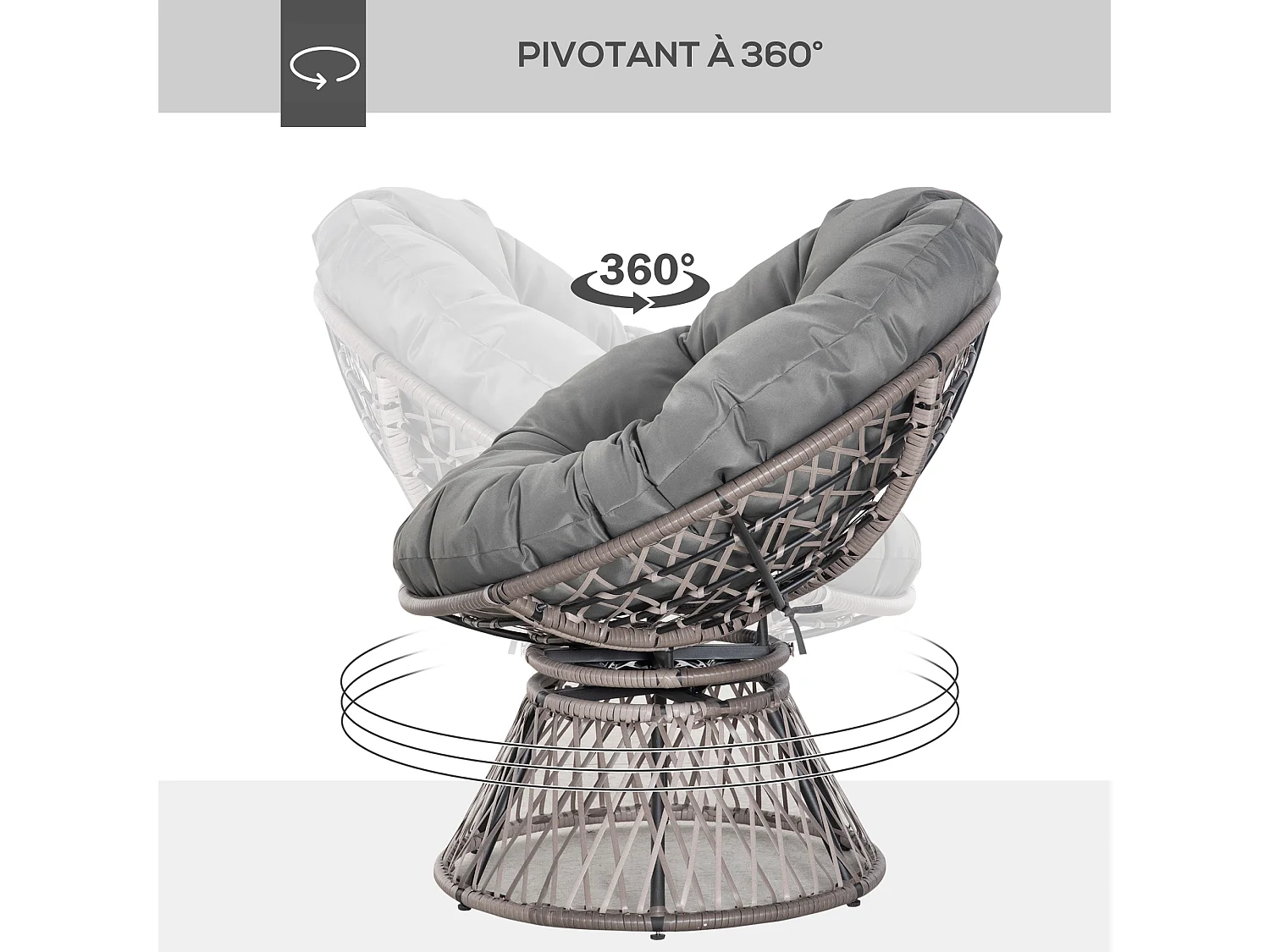 Fauteuil rond de jardin fauteuil papasan pivotant grand confort Ø 97 x 86H cm grand coussin fourni polyester résine tressée gris