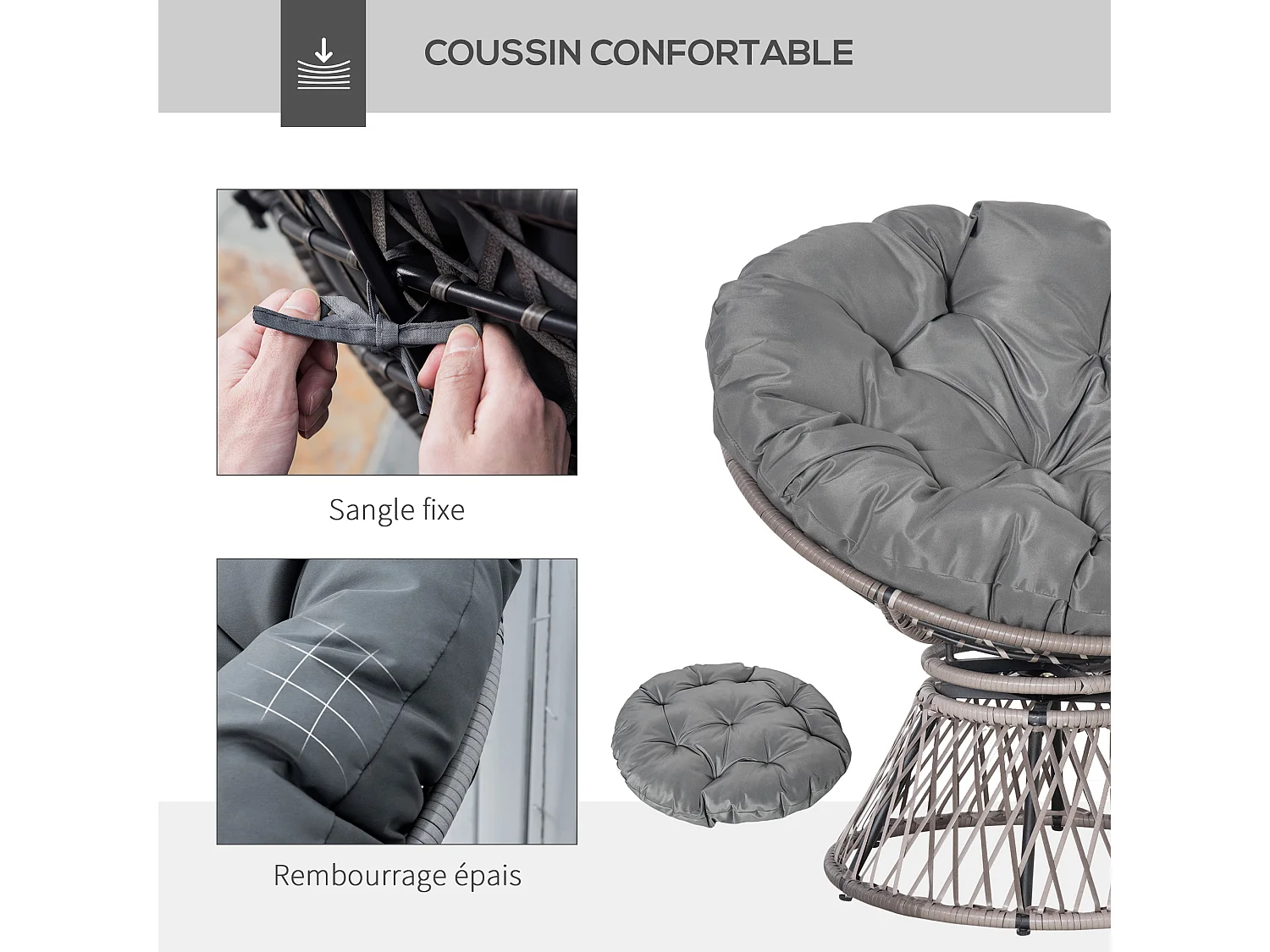Fauteuil rond de jardin fauteuil papasan pivotant grand confort Ø 97 x 86H cm grand coussin fourni polyester résine tressée gris