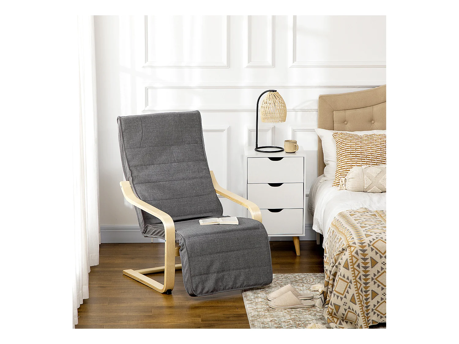 Fauteuil style nordique - repose-pied réglable - déhoussable - bois de bouleau tissu gris