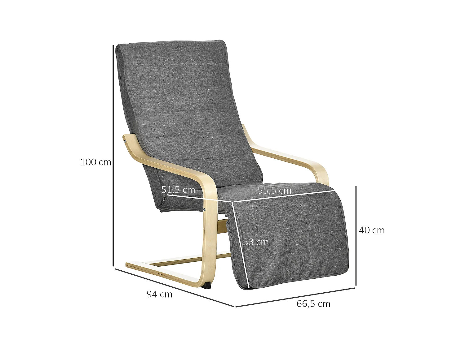 Fauteuil style nordique - repose-pied réglable - déhoussable - bois de bouleau tissu gris