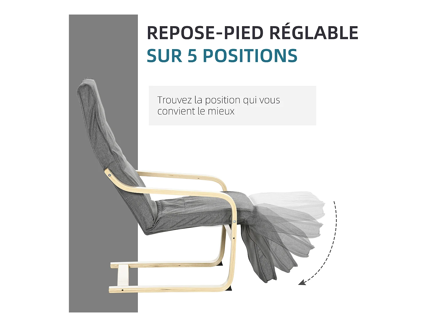 Fauteuil style nordique - repose-pied réglable - déhoussable - bois de bouleau tissu gris