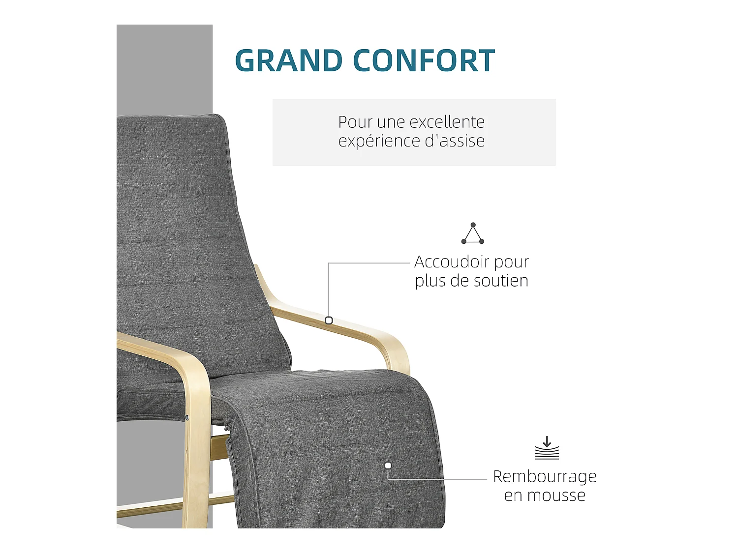 Fauteuil style nordique - repose-pied réglable - déhoussable - bois de bouleau tissu gris