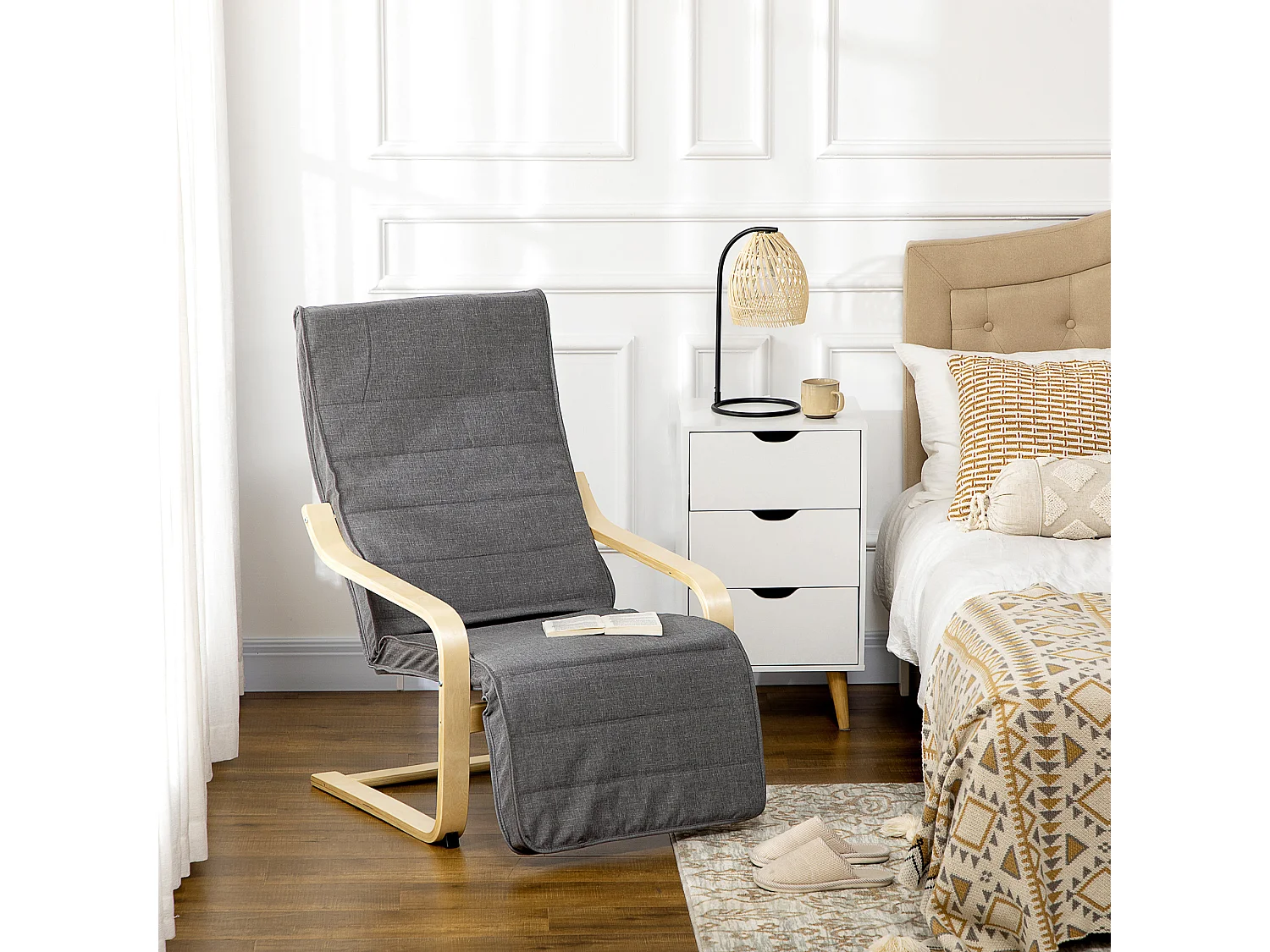 Fauteuil style nordique - repose-pied réglable - déhoussable - bois de bouleau tissu gris