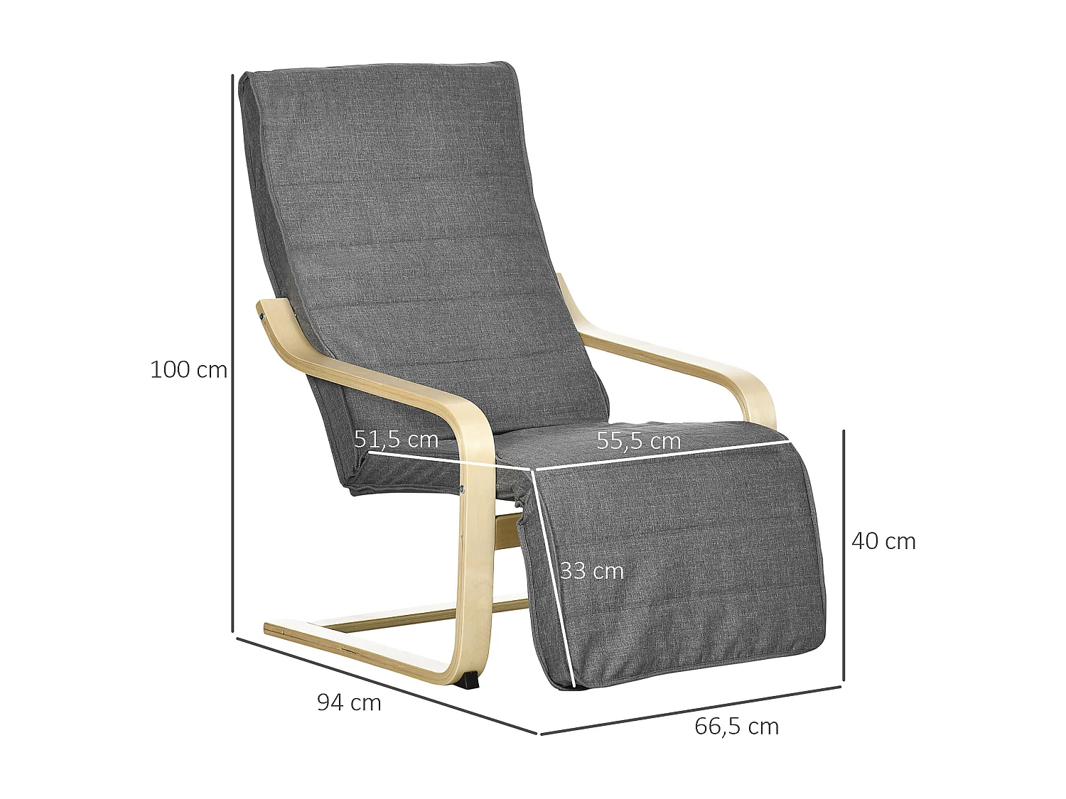 Fauteuil style nordique - repose-pied réglable - déhoussable - bois de bouleau tissu gris