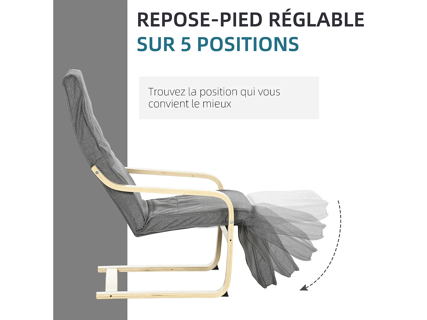 Fauteuil style nordique - repose-pied réglable - déhoussable - bois de bouleau tissu gris