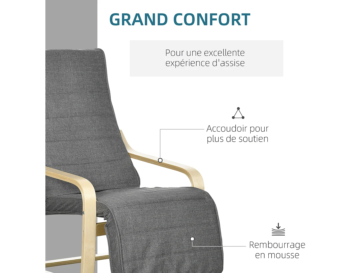 Fauteuil style nordique - repose-pied réglable - déhoussable - bois de bouleau tissu gris