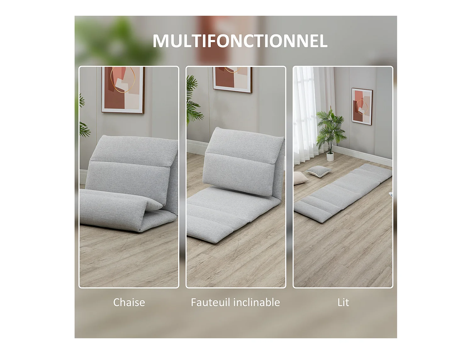 Fauteuil convertible fauteuil paresseux grand confort inclinaison dossier multipositions 90°-180° acier tissu gris clair