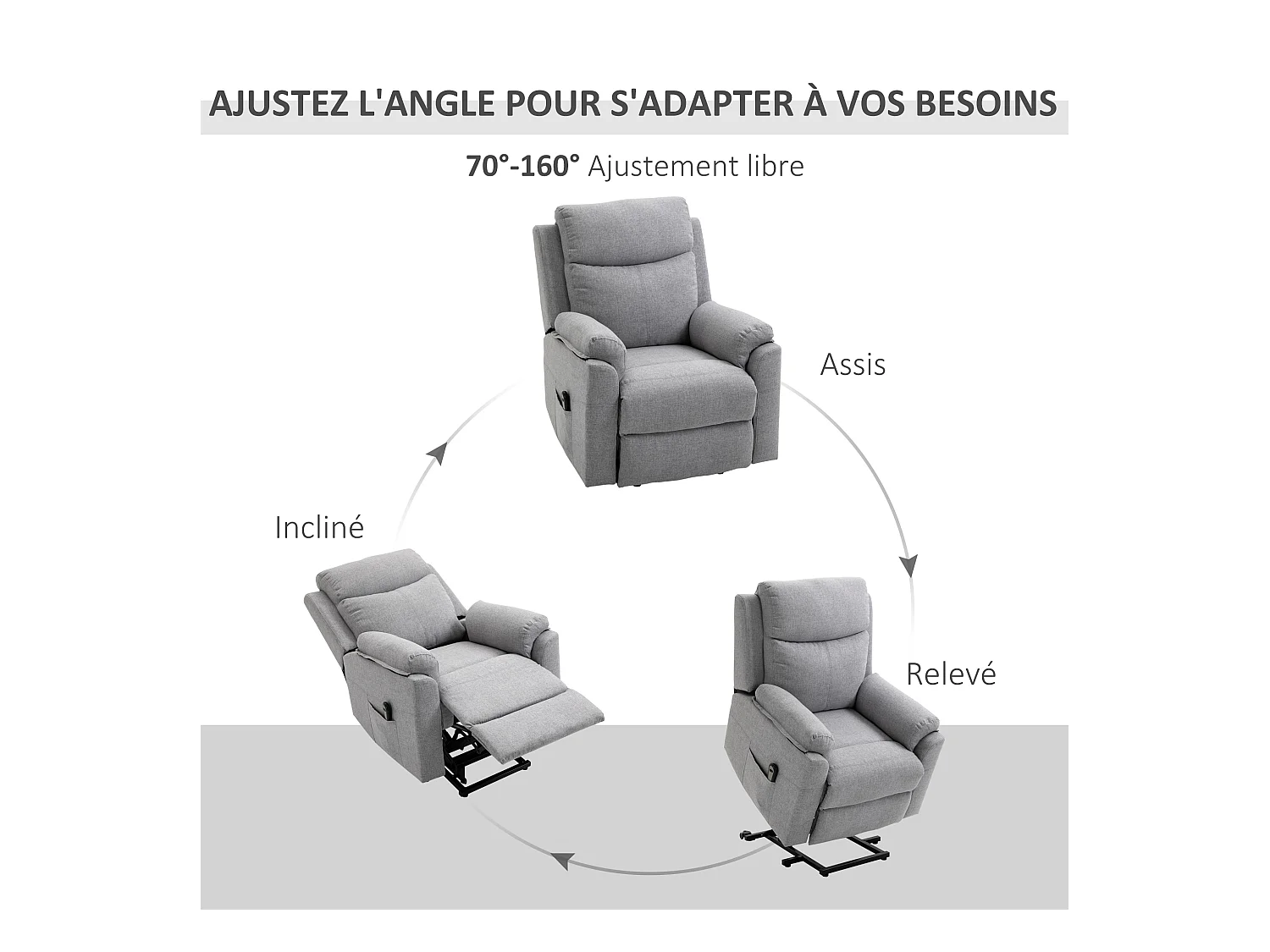 Fauteuil de relaxation électrique - fauteuil releveur inclinable avec repose-pied ajustable et télécommande - tissu polyester aspect lin gris clair chiné