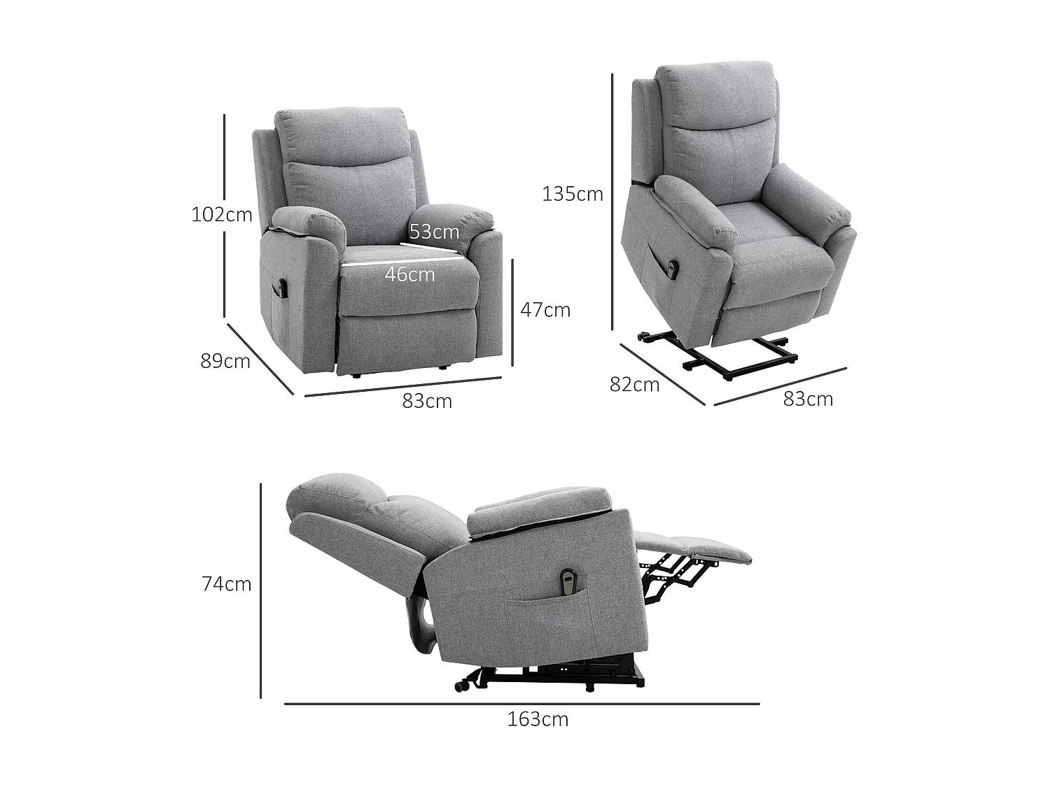 Fauteuil de relaxation électrique - fauteuil releveur inclinable avec repose-pied ajustable et télécommande - tissu polyester aspect lin gris clair chiné