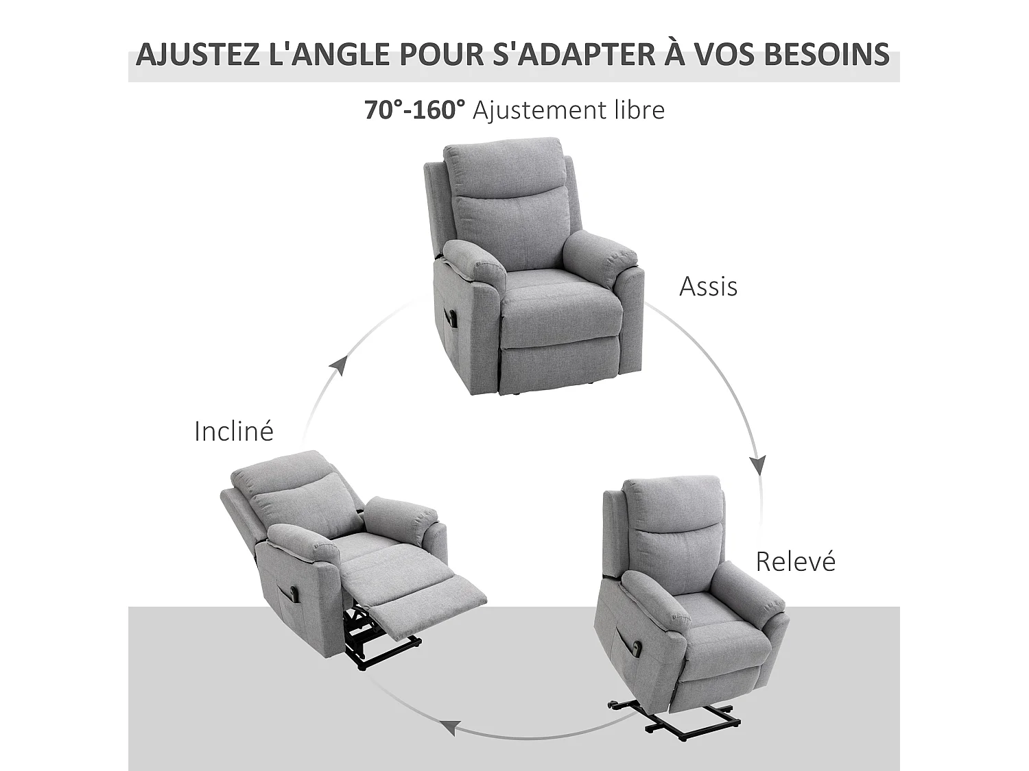 Fauteuil de relaxation électrique - fauteuil releveur inclinable avec repose-pied ajustable et télécommande - tissu polyester aspect lin gris clair chiné