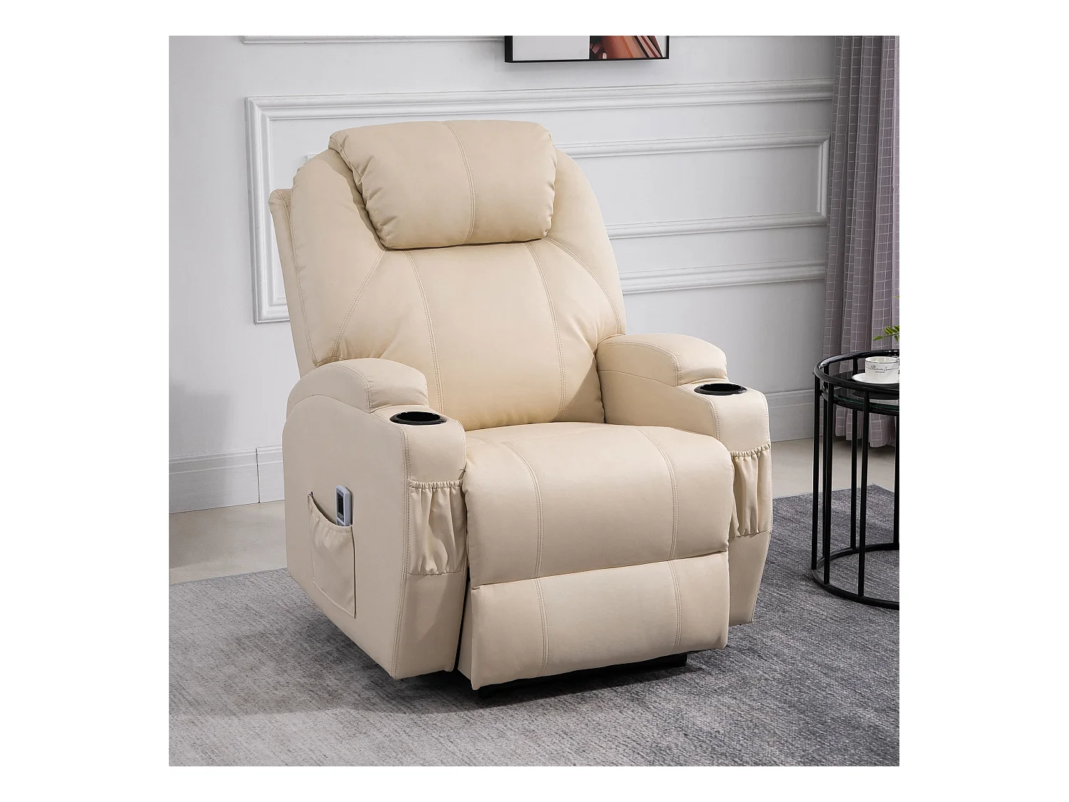 Fauteuil luxe de relaxation et massage inclinaison dossier repose-pied électrique revêtement synthétique crème
