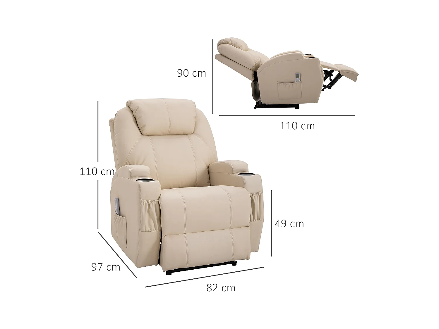 Fauteuil luxe de relaxation et massage inclinaison dossier repose-pied électrique revêtement synthétique crème