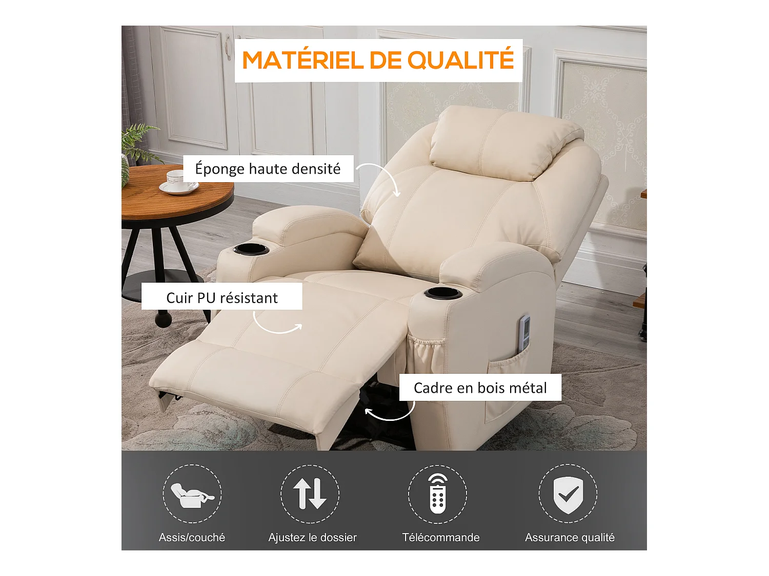 Fauteuil luxe de relaxation et massage inclinaison dossier repose-pied électrique revêtement synthétique crème
