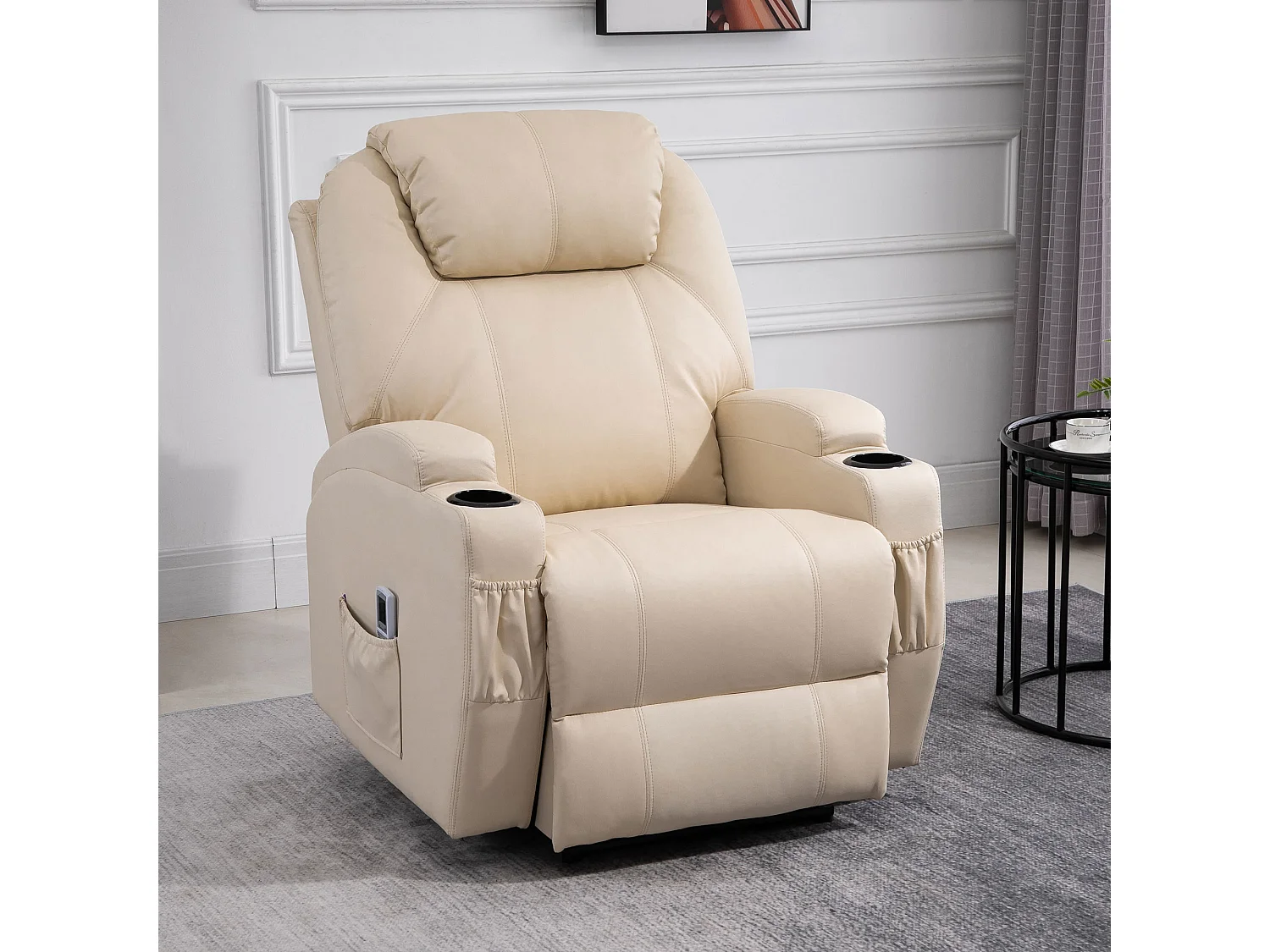 Fauteuil luxe de relaxation et massage inclinaison dossier repose-pied électrique revêtement synthétique crème