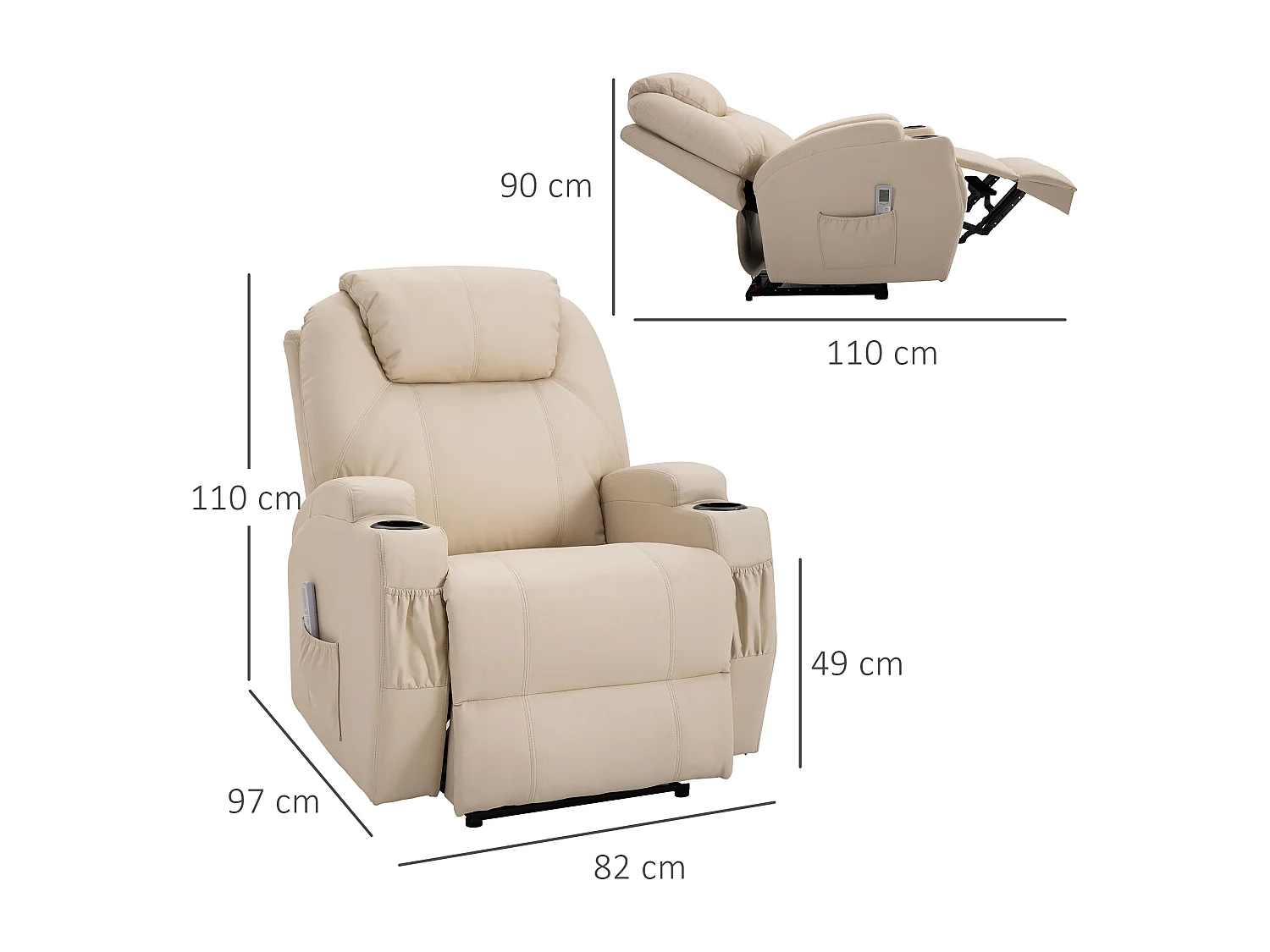Fauteuil luxe de relaxation et massage inclinaison dossier repose-pied électrique revêtement synthétique crème