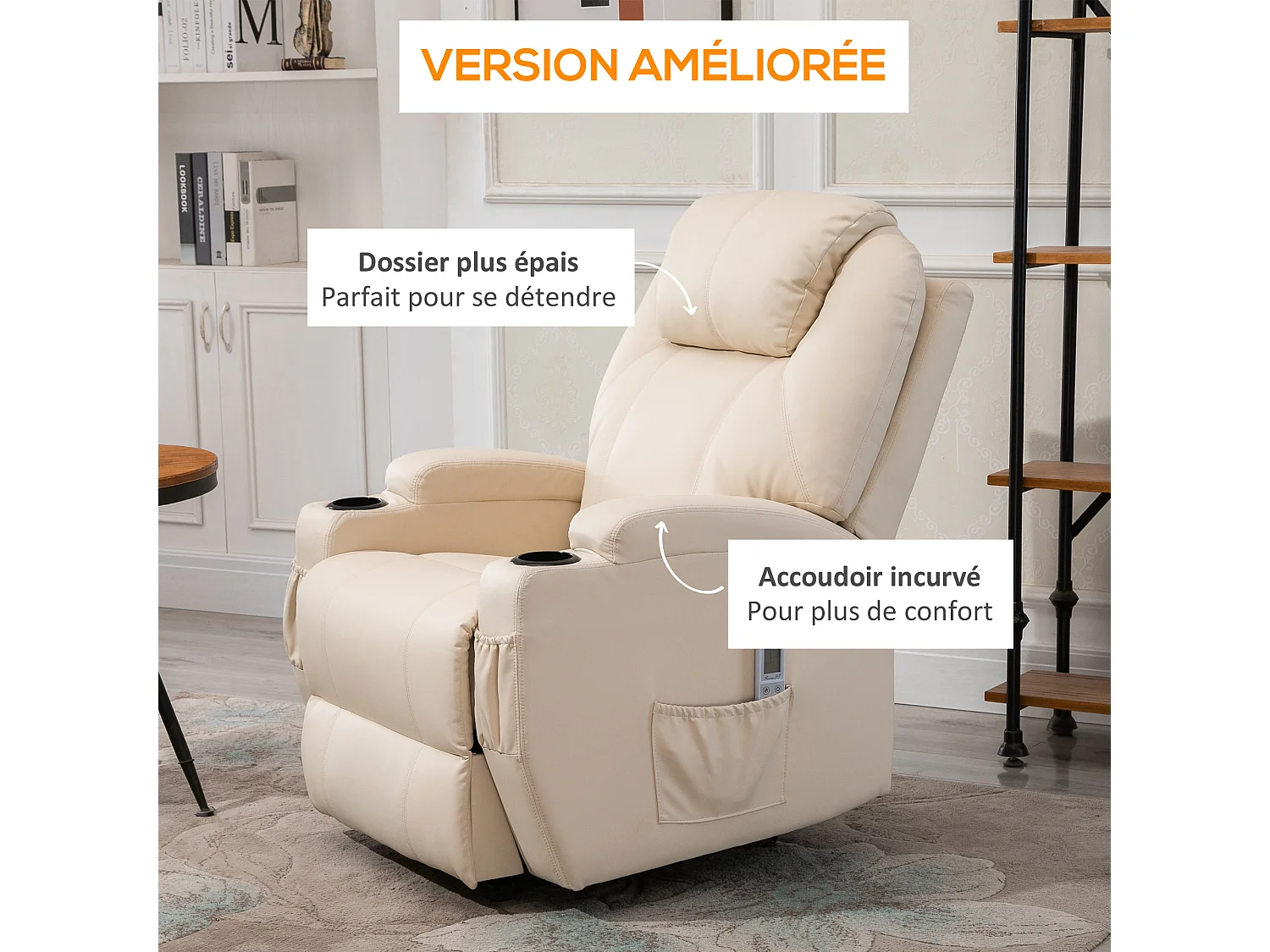 Fauteuil luxe de relaxation et massage inclinaison dossier repose-pied électrique revêtement synthétique crème