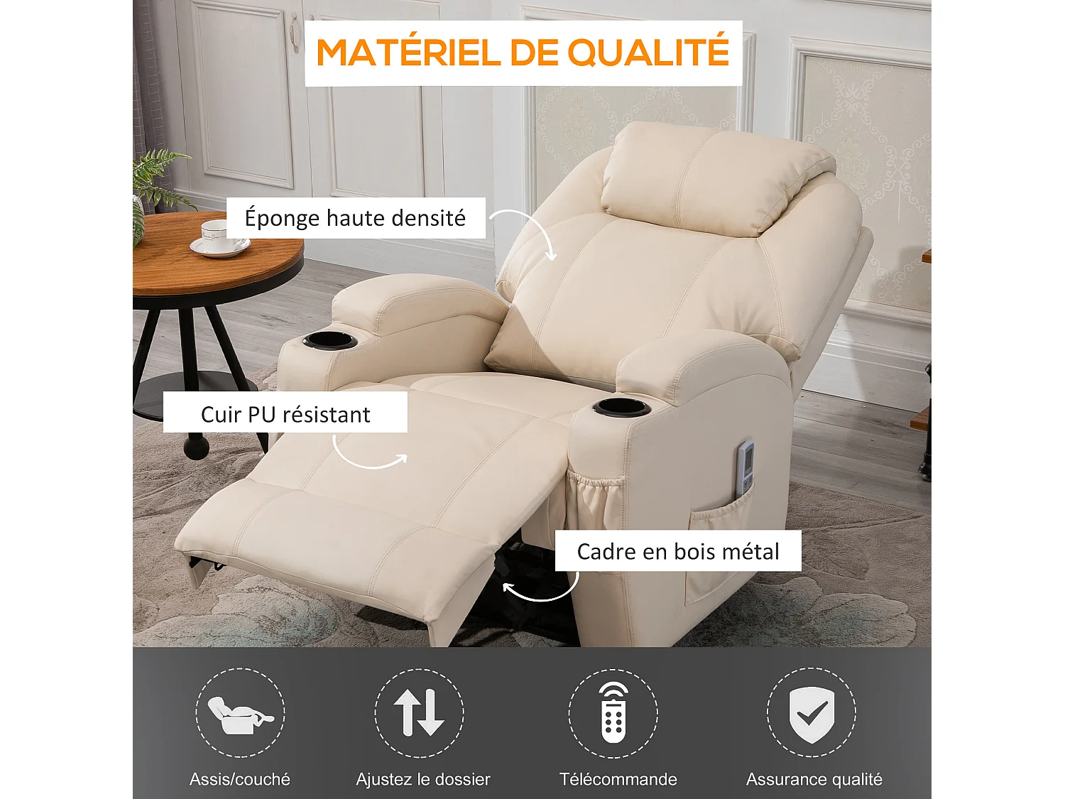 Fauteuil luxe de relaxation et massage inclinaison dossier repose-pied électrique revêtement synthétique crème
