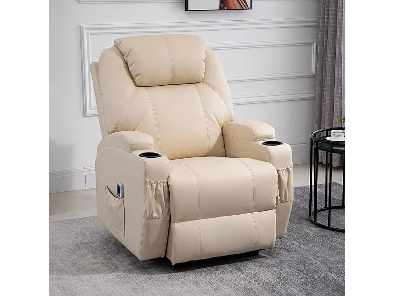 Fauteuil luxe de relaxation et massage inclinaison dossier repose-pied électrique revêtement synthétique crème