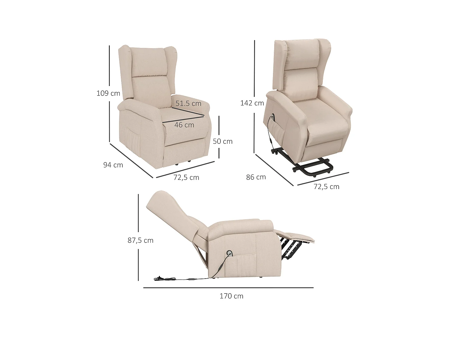 Fauteuil de relaxation électrique fauteuil releveur inclinable avec repose-pied ajustable lin beige