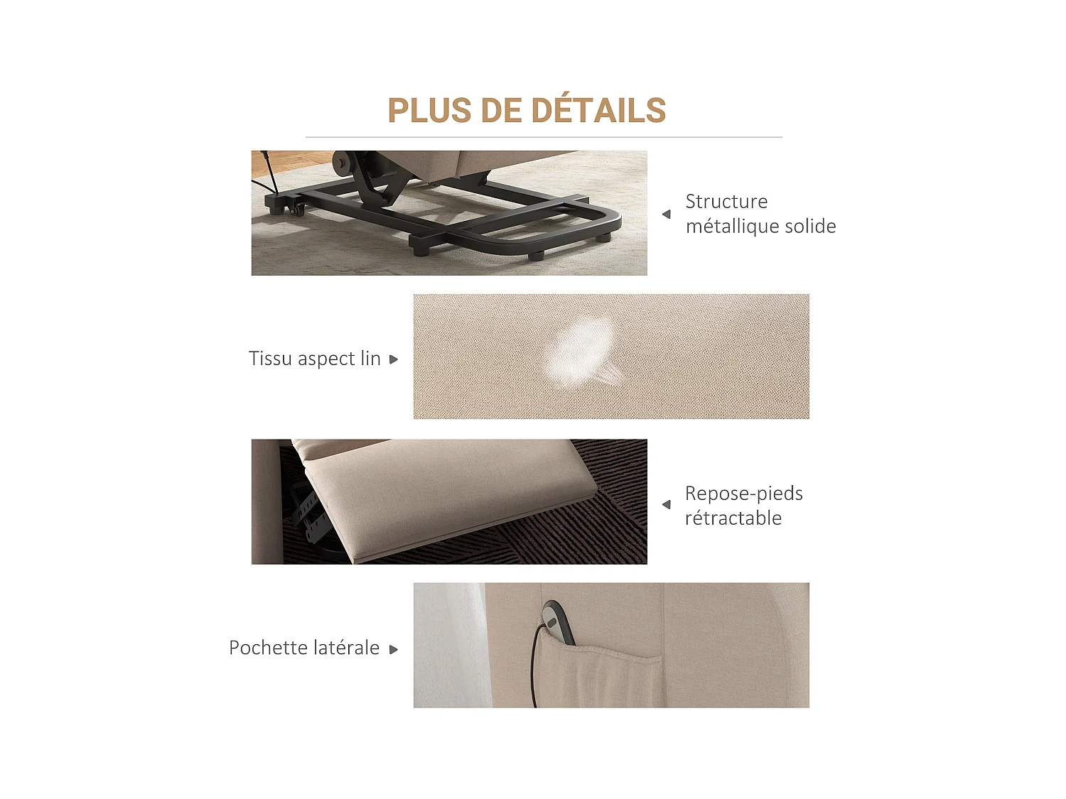 Fauteuil de relaxation électrique fauteuil releveur inclinable avec repose-pied ajustable lin beige