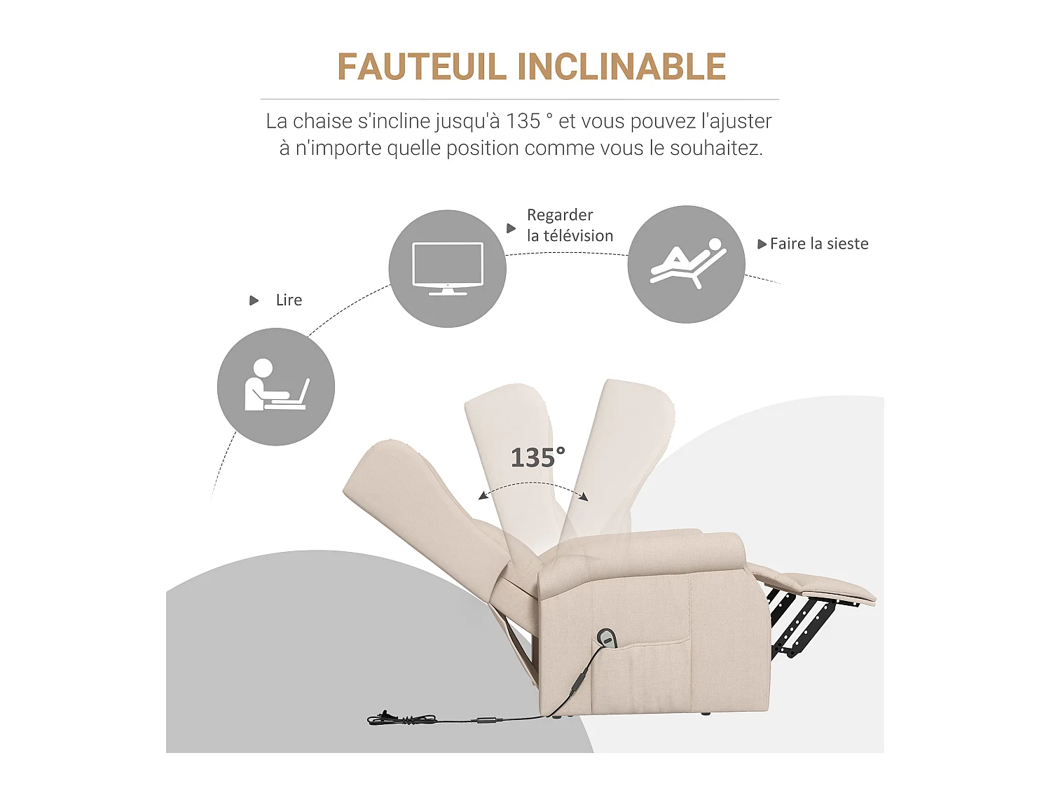 Fauteuil de relaxation électrique fauteuil releveur inclinable avec repose-pied ajustable lin beige