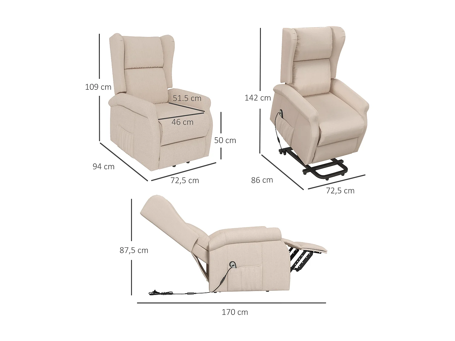 Fauteuil de relaxation électrique fauteuil releveur inclinable avec repose-pied ajustable lin beige