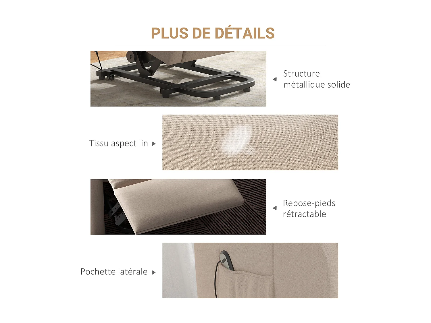 Fauteuil de relaxation électrique fauteuil releveur inclinable avec repose-pied ajustable lin beige