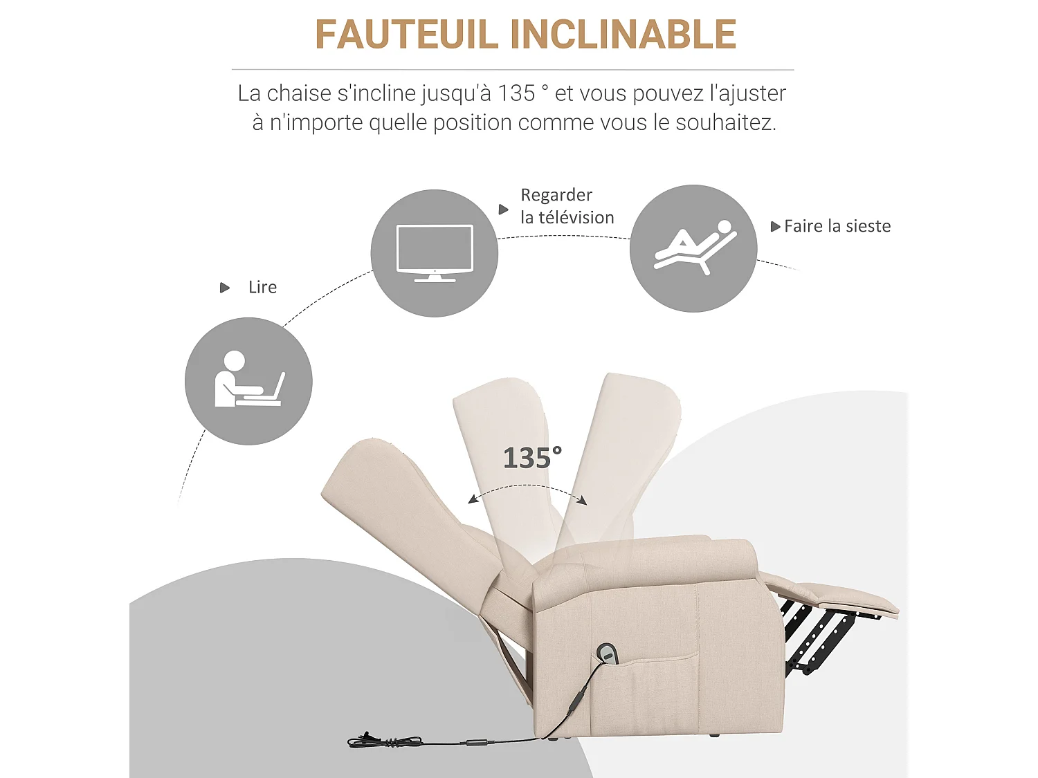Fauteuil de relaxation électrique fauteuil releveur inclinable avec repose-pied ajustable lin beige