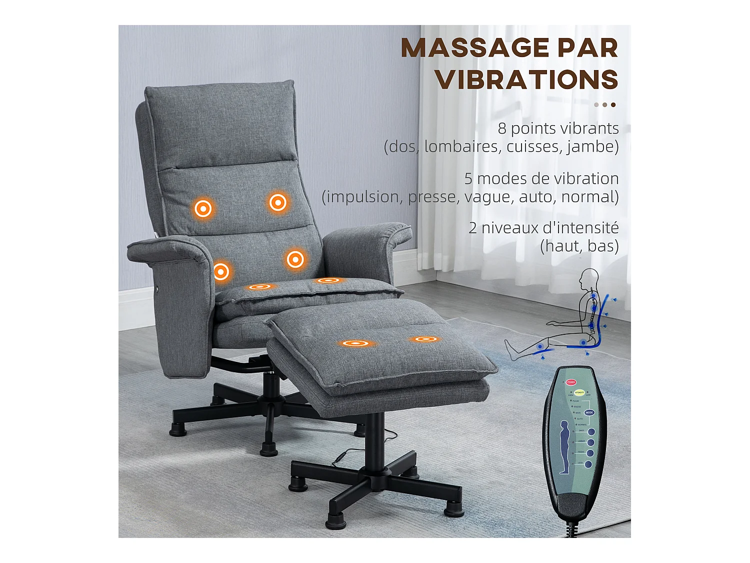 Fauteuil de massage avec repose-pied - style néo-rétro - châssis acier noir aspect lin gris