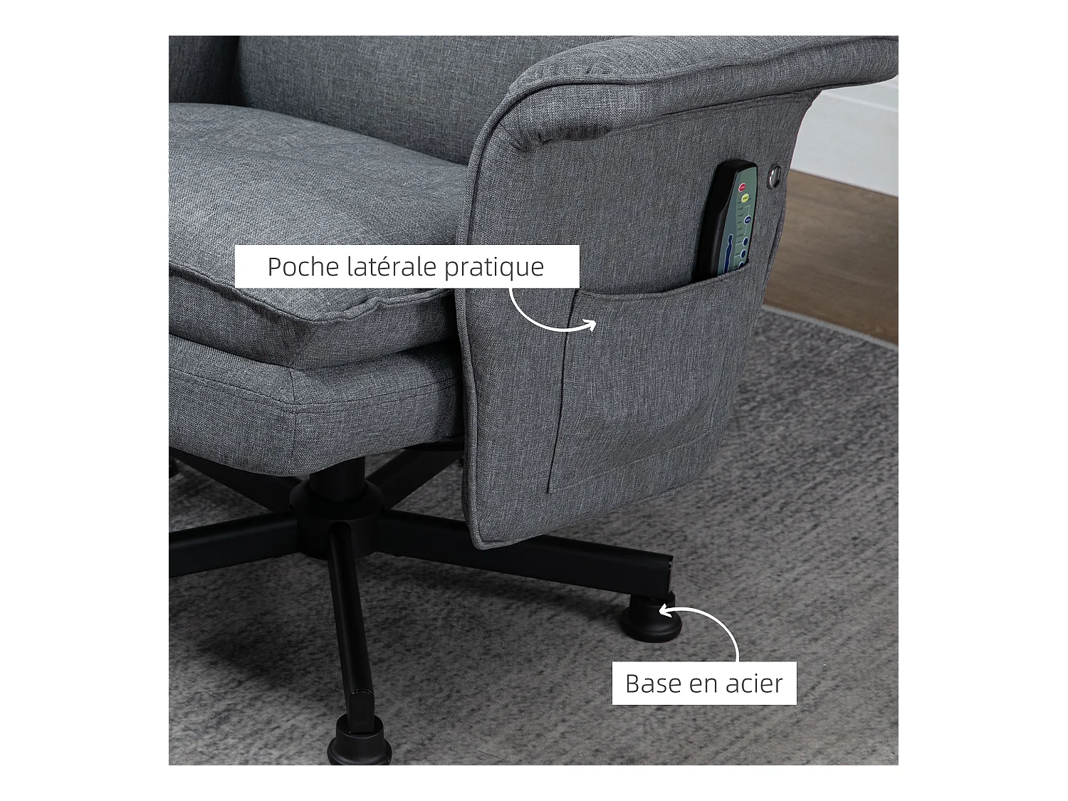 Fauteuil de massage avec repose-pied - style néo-rétro - châssis acier noir aspect lin gris
