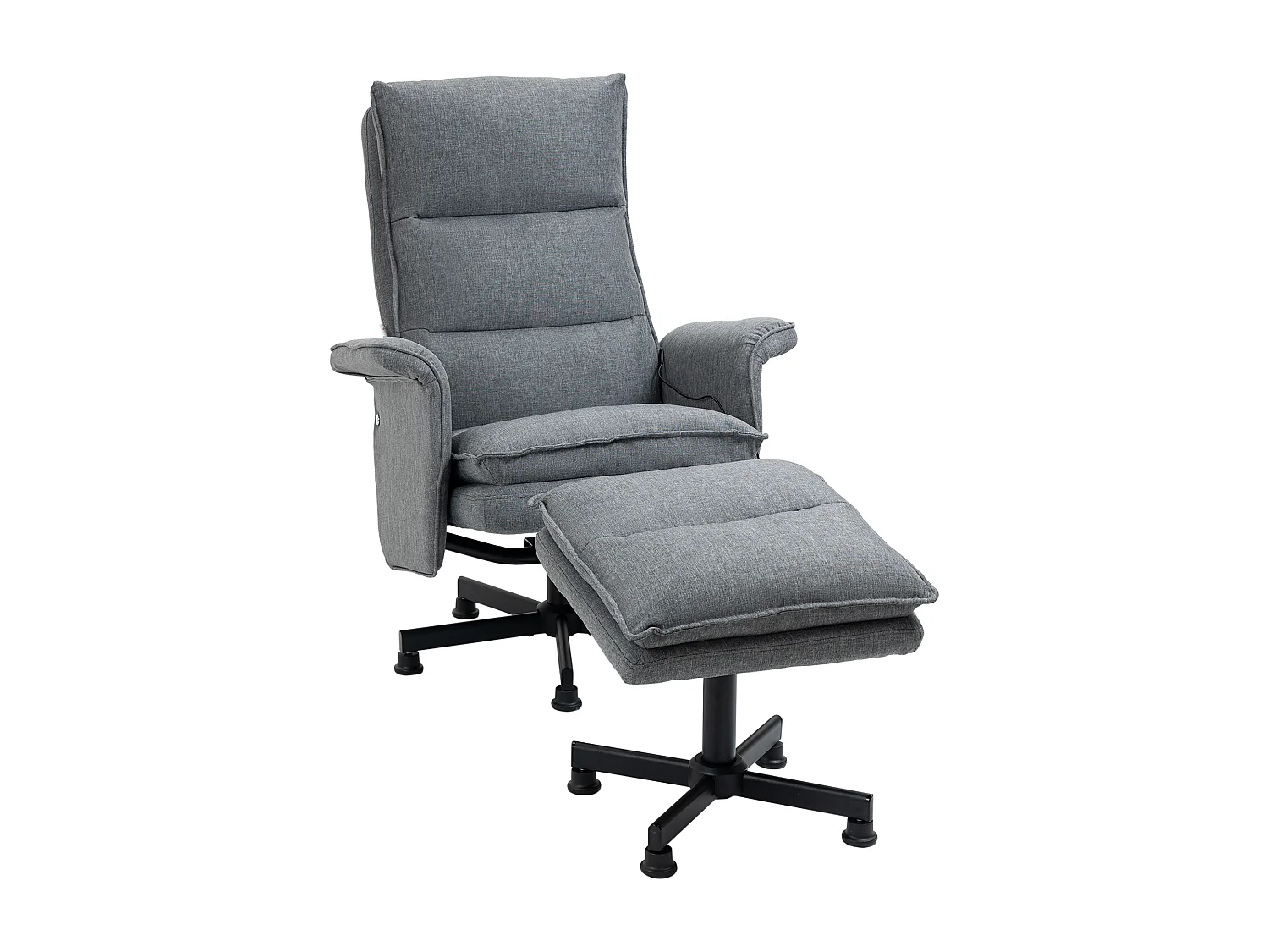 Fauteuil de massage avec repose-pied - style néo-rétro - châssis acier noir aspect lin gris