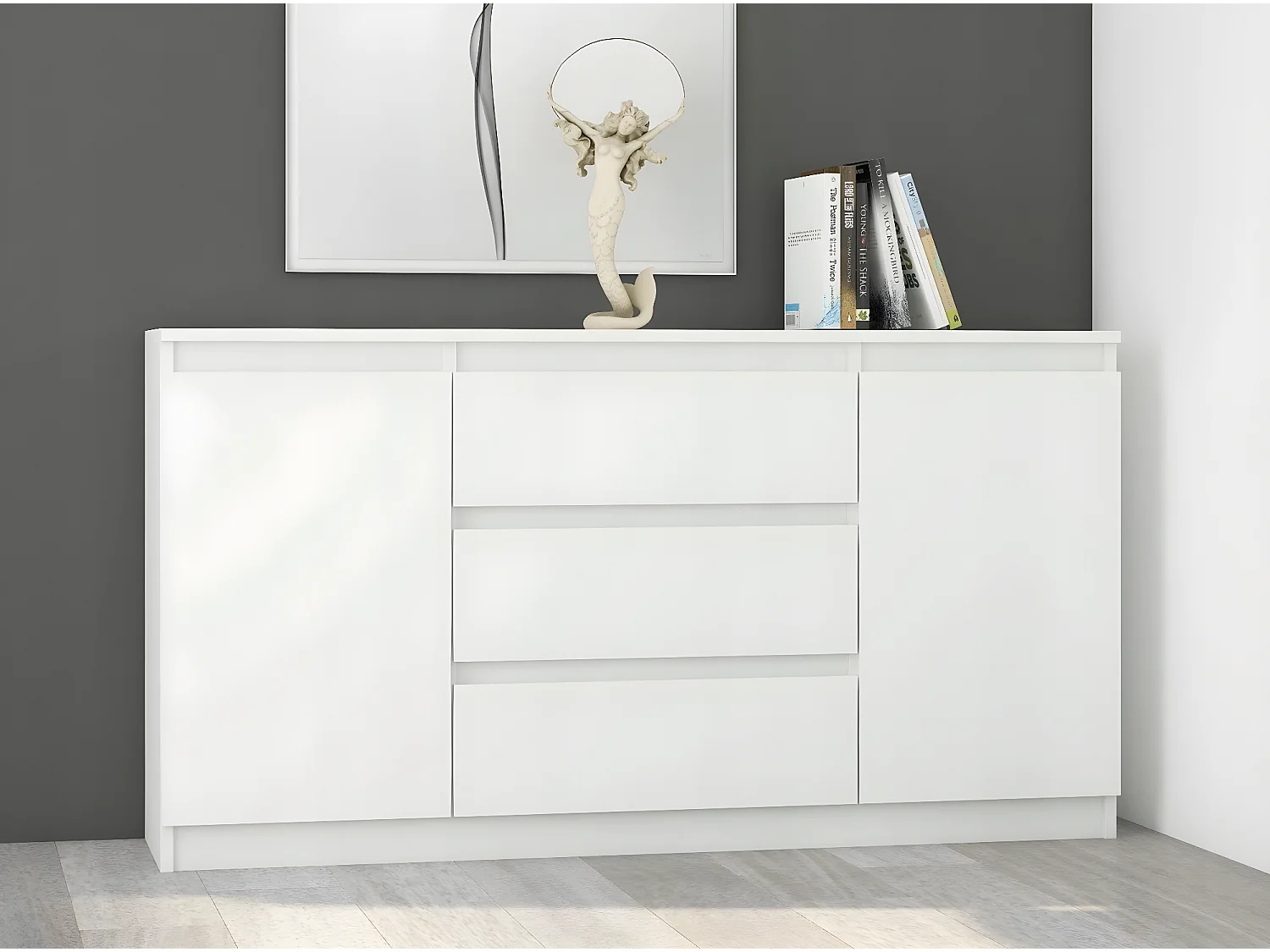 ALBI | Commode tendance style scandinave | 140x40x76 cm | 3 tiroirs + 2 portes/niches | Meuble rangement chambre/salon/bureau