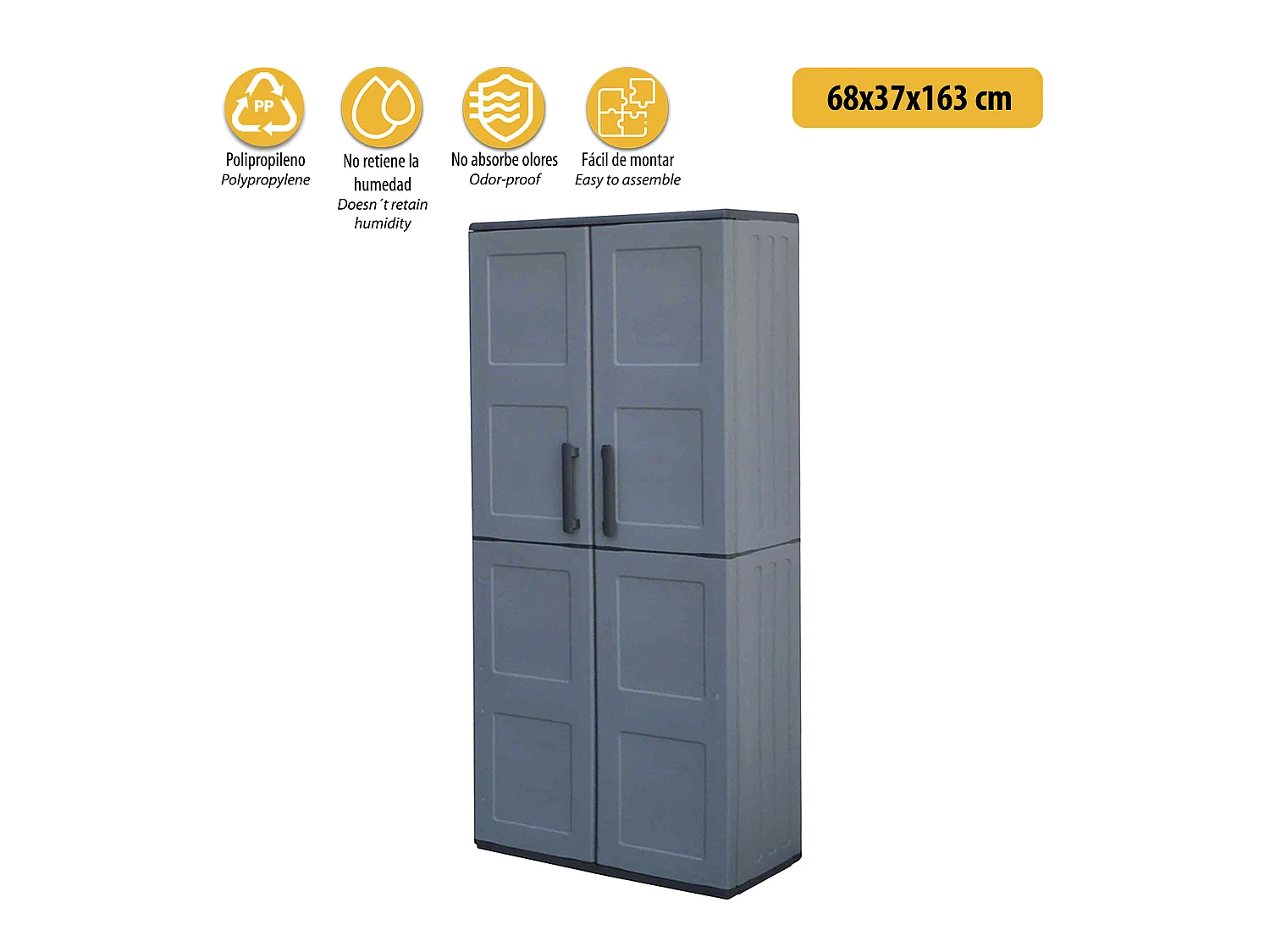 Armoire en matériau écologique et recyclable, avec charnières en acier et étagères réglables, 680 x 370 x 1630 mm