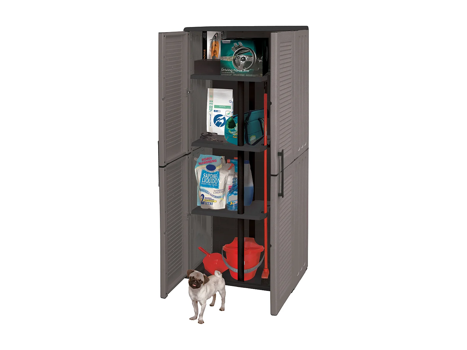 Armario porta escobas en polipropileno, con bisagras de acero y estantes regulables