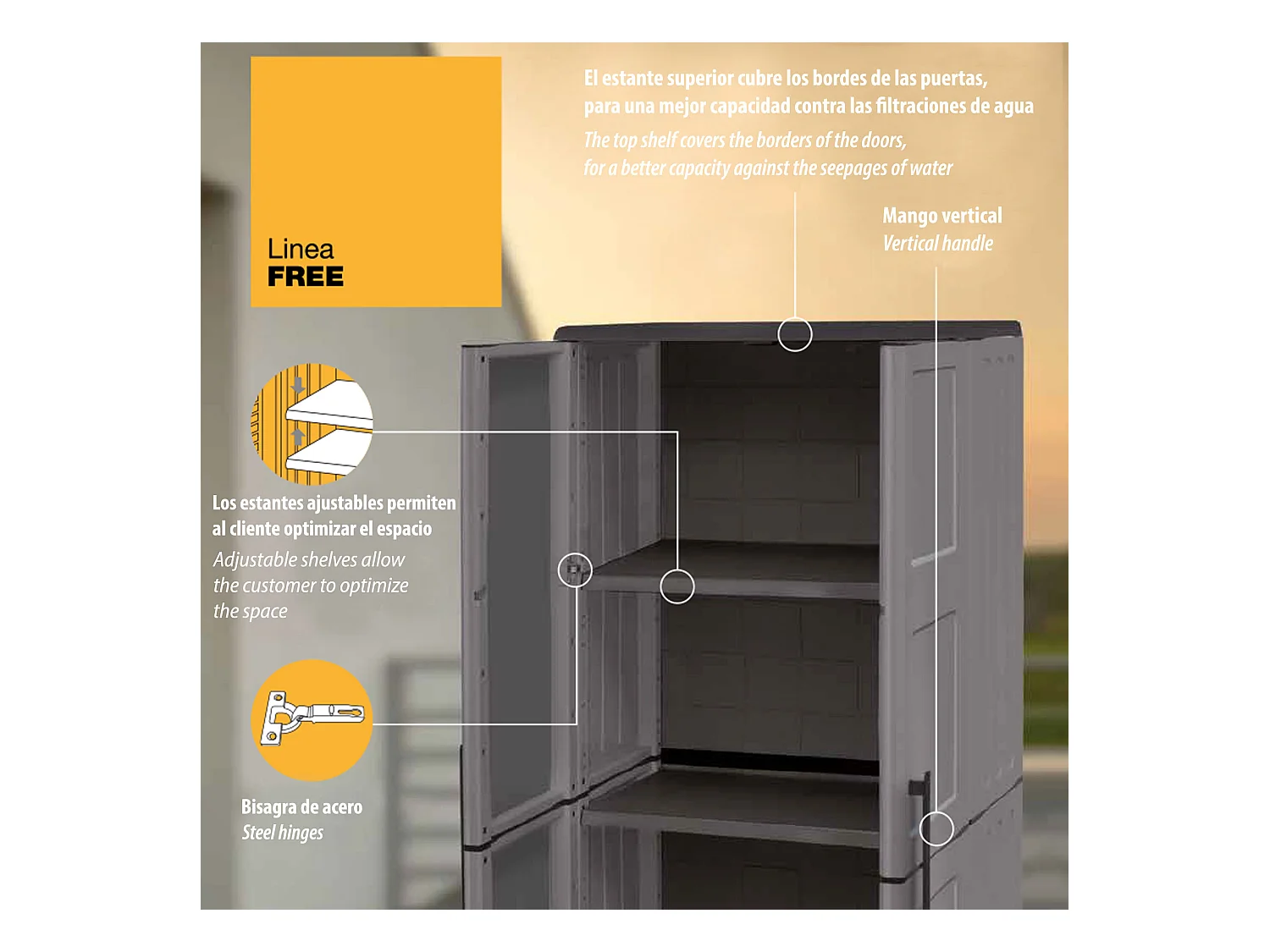 Armario de altura completa en polipropileno, material reciclable y ecológico sostenible, está equipado con bisagras de acero y estantes ajustables, di