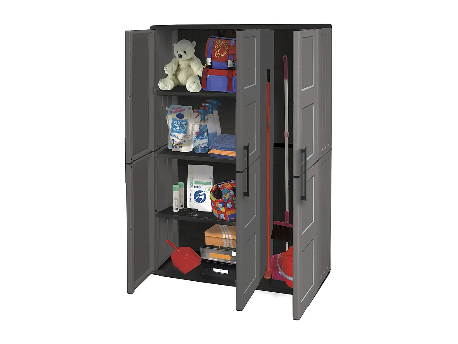 Armario de altura completa en polipropileno, material reciclable y ecológico sostenible, está equipado con bisagras de acero y estantes ajustables, di