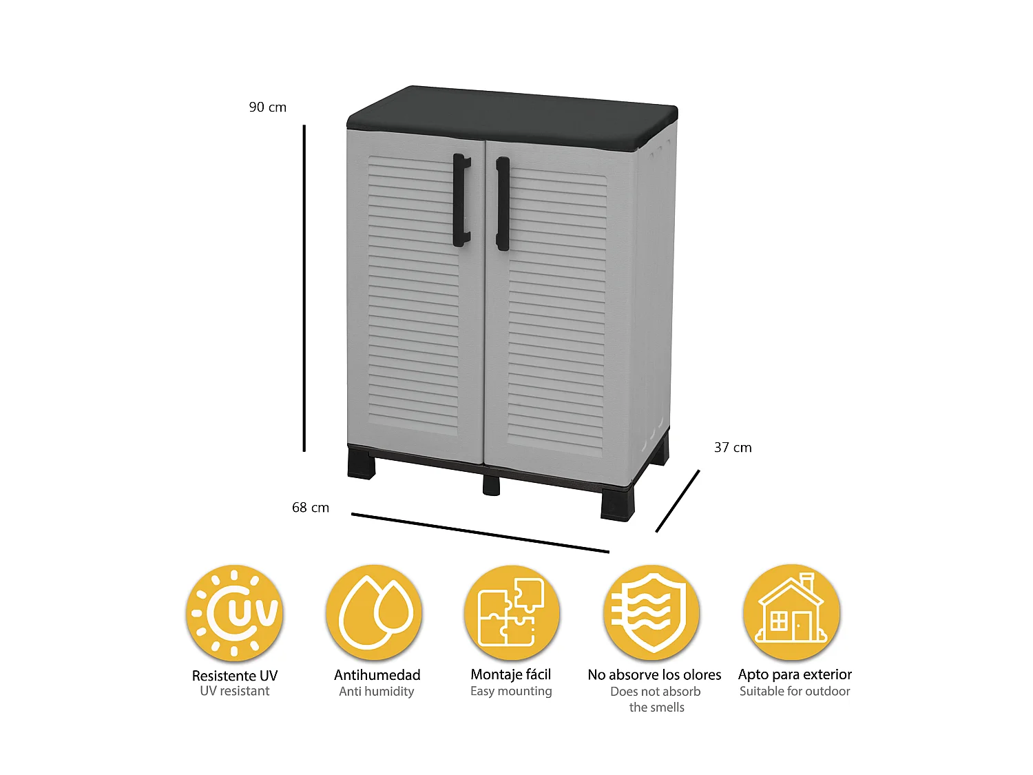 Armario de media altura en polipropileno, con bisagras de acero, balda y patas regulables
