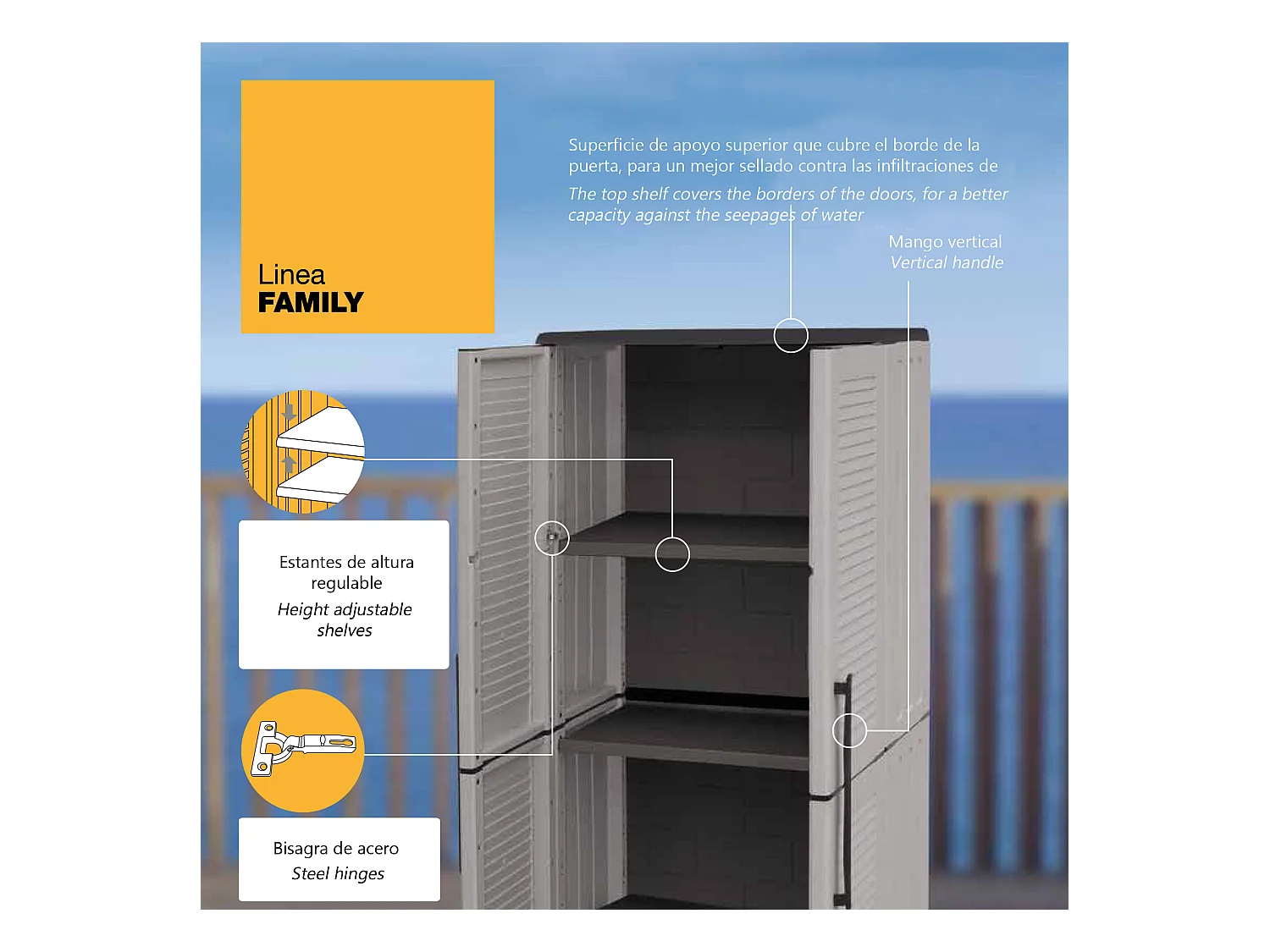 Armario de media altura en polipropileno, con bisagras de acero, balda y patas regulables